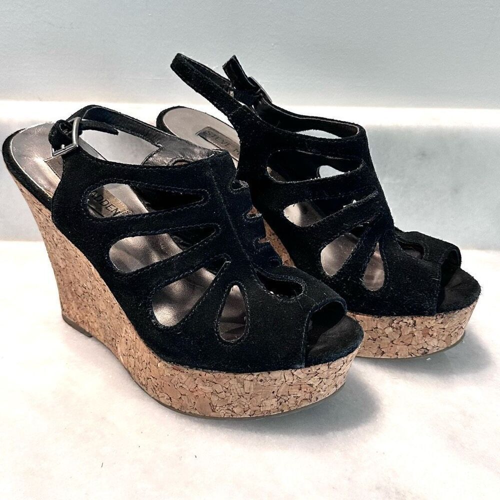 Steve Madden Womens Cork Wedge Adjustable Strappy Sandals Suede Black Size 6.5